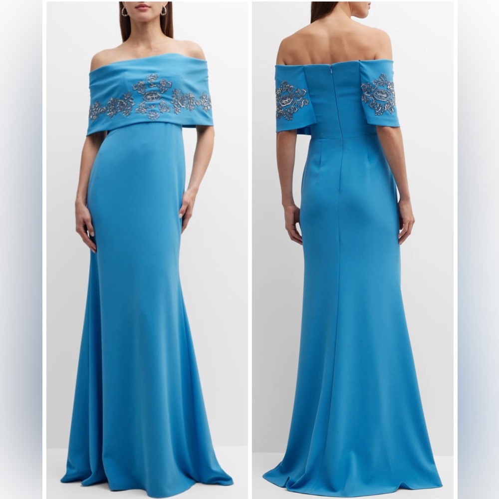 LELA ROSE Embroidered Stretch Twill Off The Shoulder Gown Maxi Blue Dress